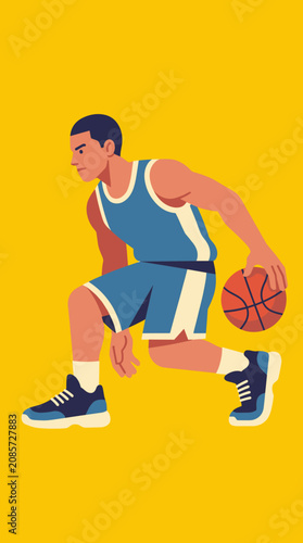 Flat vector illustration of a basketball player dribbling ball on yellow background capturing a dynamic moment of a game. For sports club advertising and physical education posters.