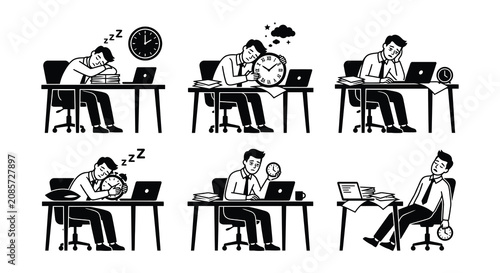 Tableau sur toile Office worker silhouettes depicting exhaustion and sleep vector illustration