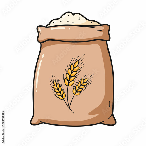 Flour packet with wheat ears illustration showing a rustic sack of grain for baking and cooking. This graphic is used for organic bakery branding, culinary blog decorations, and healthy recipe books.