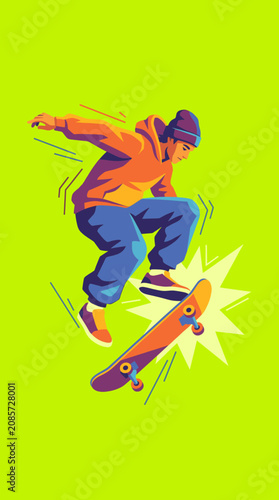 Urban streetwear skateboarder illustration on vibrant background with a neon green sky. This graphic is used for youth culture posters and skateboarding equipment marketing.