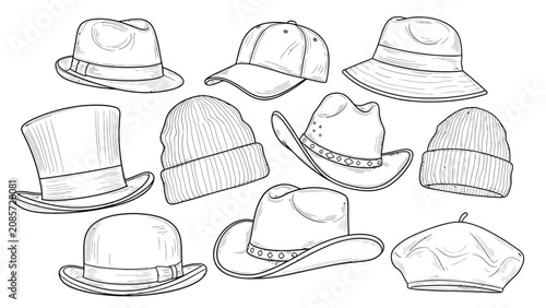 Bild auf Leinwand Set of ten hats of various styles isolated on white background, black and white hand drawn outline coloring book page for kids