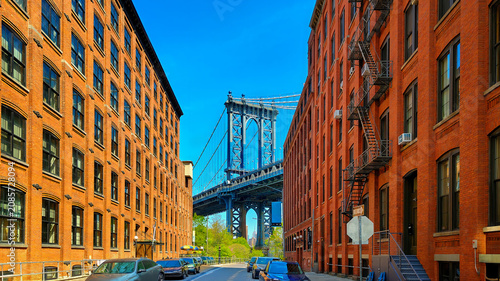 Manhattan Bridge and Empire State Building view from Washington Street in Brooklyn