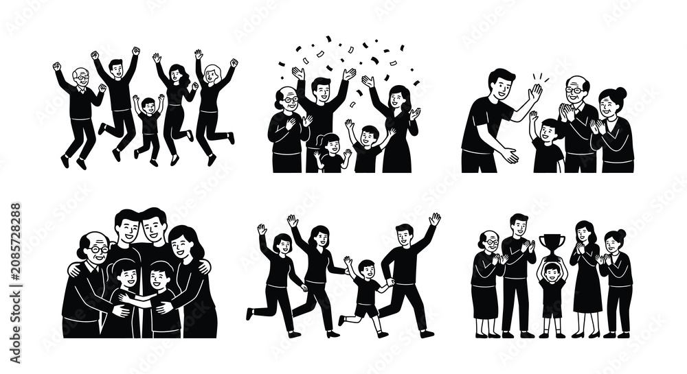 Fototapeta premium Jumping people vector illustration black and white line art on white background