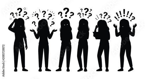 Foto Confused people silhouettes with question marks black vector illustration