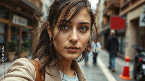 Serious young woman taking selfie in city street with urban buildings and pedestrians in the background. This portrait is used for social media lifestyle and metropolitan travel themes.