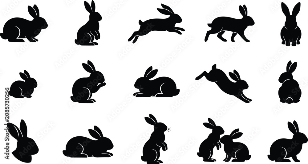 Fototapeta premium Black Bunny Silhouette Icon Set with Jumping, Standing, and Sitting Rabbits for Easter Holiday Decorations, Spring Patterns, and Wildlife Logo Designs