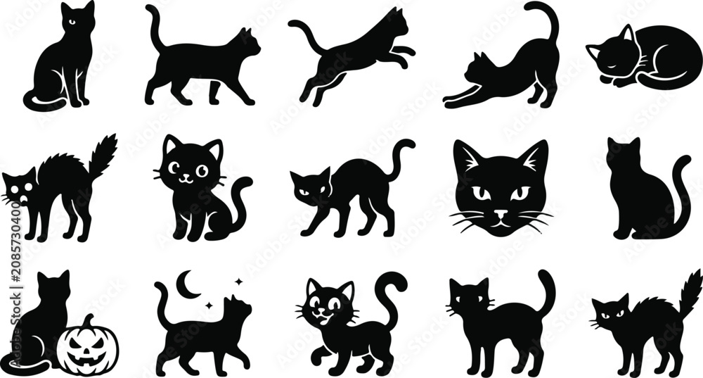 Fototapeta premium Black Cat Silhouette Collection Halloween Vector Icon Set
