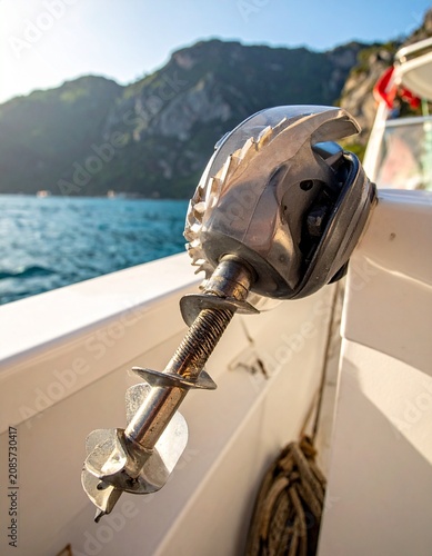 Metallic boat part with sea background