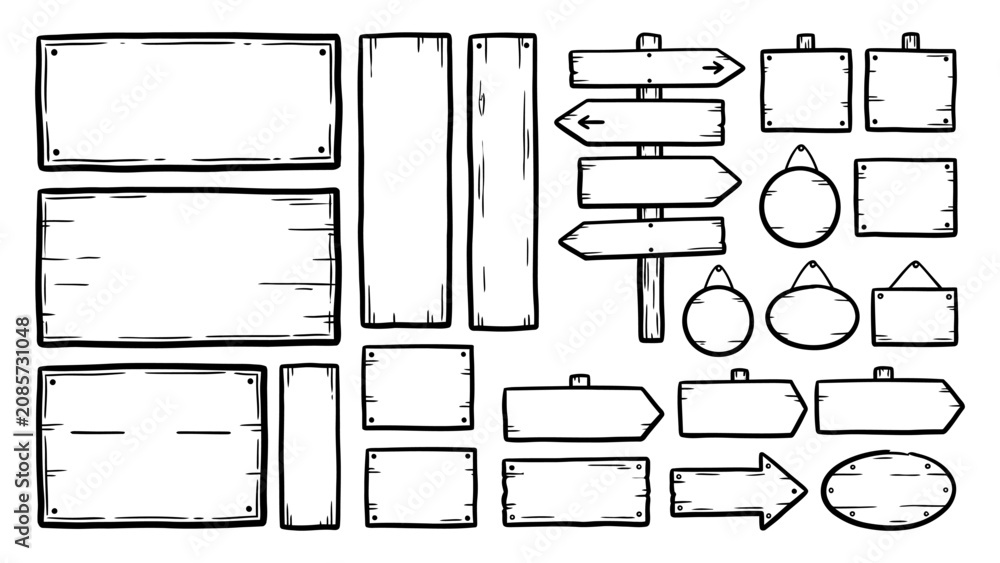 Fototapeta premium Hand drawn wooden sign vector set with blank planks boards and directional arrows for message templates
