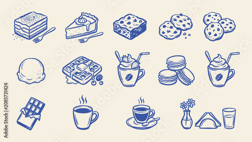 Fotografía Hand drawn dessert and coffee vector icons set featuring cake cookies waffle cho