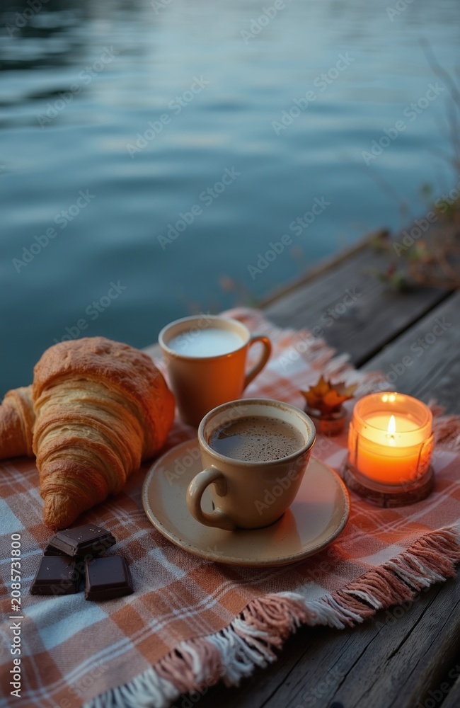 Fototapeta premium Morning coffee and croissant picnic on wooden pier by lake water. Lit candle, chocolate squares add cozy autumn vibe. Relaxing outdoor breakfast by calm blue water.