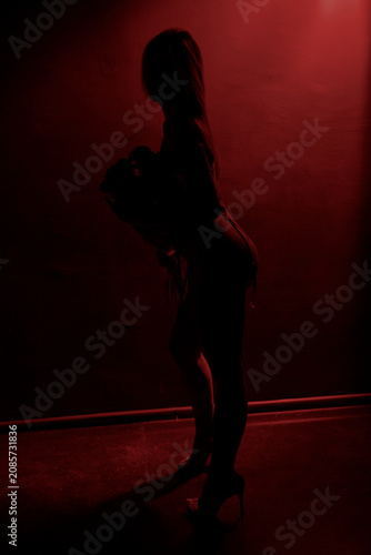 Full length silhouette portrait of a slender young woman holding a bouquet of roses against a black background with dramatic red illumination