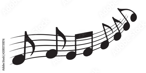 Canvas Print Flowing musical staff with notes on curved lines creating sense of movement on transparent base