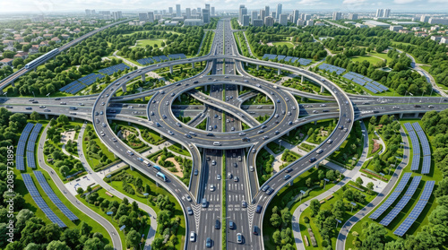 Aerial view of a complex modern circular highway interchange surrounded by lush green urban parks and sustainable solar panels integrated into city design