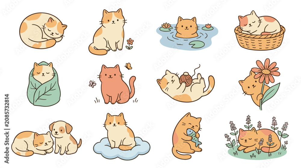 Obraz premium Set of cute stylized cats in various poses, sleeping, playing, and relaxing, with floral and natural elements, adorable kitten illustrations for