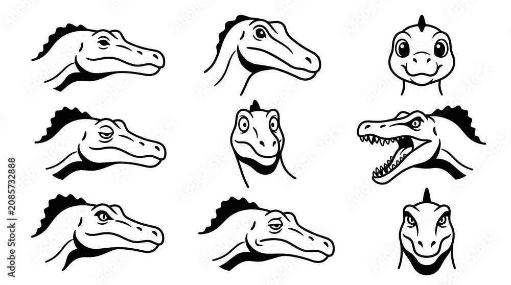 Obraz premium Collection of simple dinosaur head illustrations in black and white, showing various angles and expressions, perfect for educational materials or