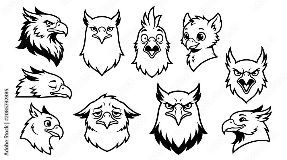 Obraz premium Collection of stylized mythical creature heads and animal faces, line art illustrations, fantasy beasts and cartoon characters, digital drawing