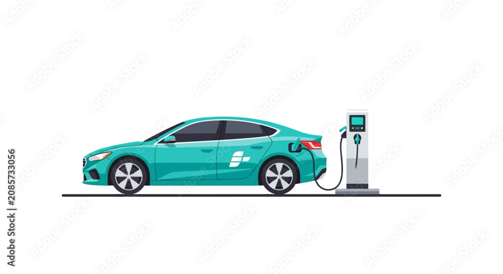 Naklejka premium Teal Electric Car Charging at Power Station Vector Illustration, Isolated Modern EV Sedan for Sustainable Transportation Concept