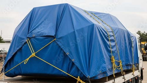 Large blue tarpaulin covered cargo on flatbed truck outdoors