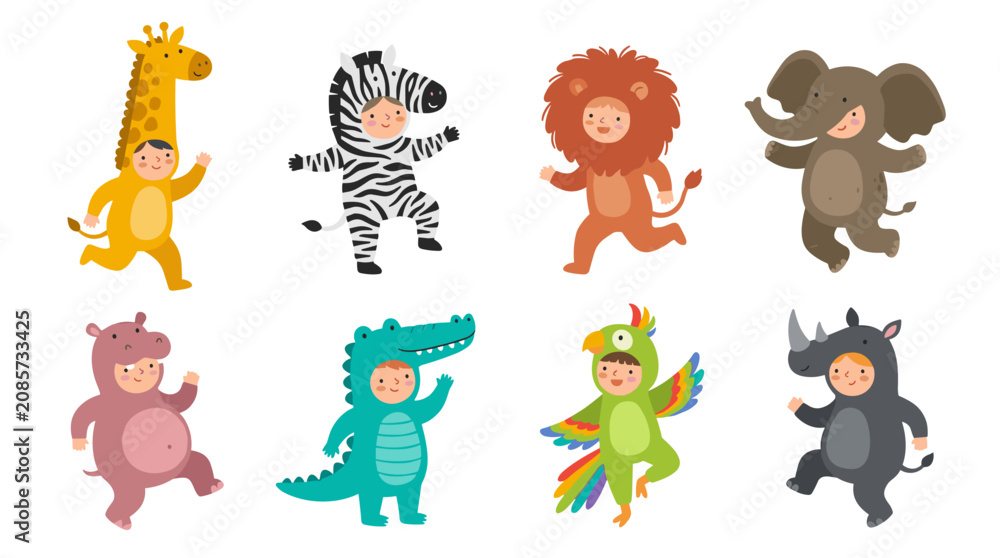 Obraz premium Children in cute animal costumes, walking and playing, including giraffe, zebra, lion, elephant, hippopotamus, crocodile, parrot, and rhinoceros