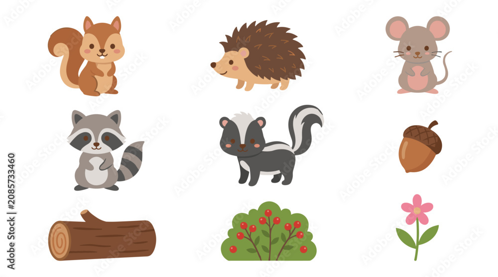 Fototapeta premium Collection of cute vector art forest animals and elements including a squirrel, hedgehog, mouse, raccoon, skunk, acorn, log, and berry bush, perfect