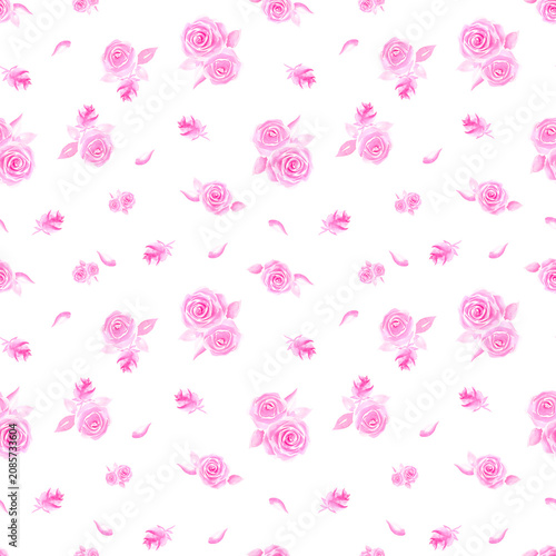 Seamless watercolor pattern in coquette aesthetic with illustration featuring romantic pink roses and delicate petals on white. Hand drawn floral design for textiles, stationery and wedding decor.