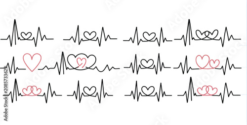 Billede på lærred Heart rate, ECG, heartbeat lines, vector icons, medical symbols, red and black