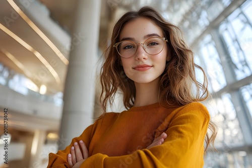 Portrait of a young woman with glasses in a modern office building, vector style design