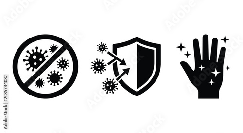 Foto Virus protection Icons Featuring Shield And Hand Black Silhouette