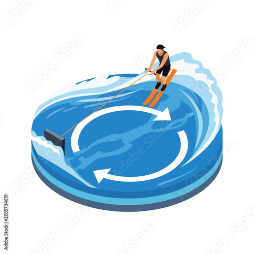 Fotografija Surfer riding a stylized blue wave illustration.