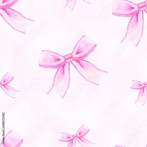 Seamless watercolor pattern in a coquette aesthetic with illustration featuring charming pink bows soft pink background. Romantic hand drawn design for textiles, wrapping paper and festive decor