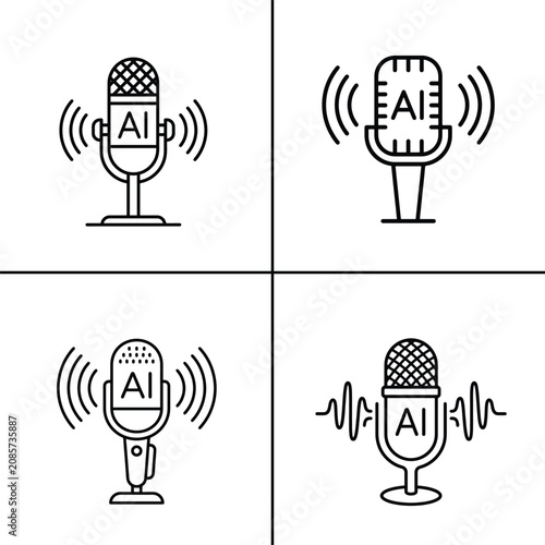 Foto AI microphone and voice assistant icon set, flat line art audio podcast symbol b