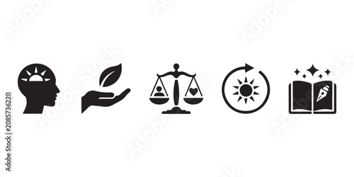 Fotografie Set of black icons representing mental health, sustainability, balance, renewal,