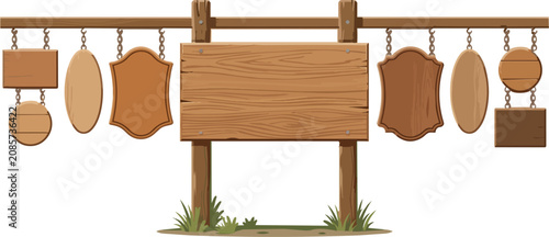 Rustic wooden hanging signs collection featuring multiple shapes and textures in a vector on transparent background