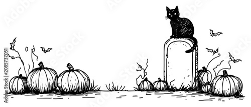 Quadro em tela Black cat sitting on tombstone surrounded by pumpkins in line art style