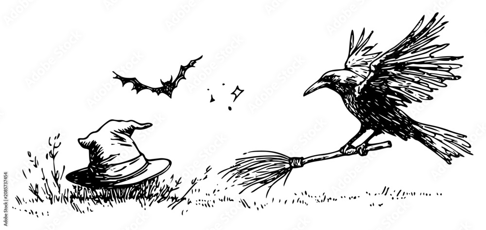 Fototapeta premium Raven carrying broomstick with witch hat and flying bat in ink sketch style