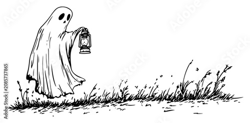 Foto Ghost holding lantern walking through grass in hand drawn line art style