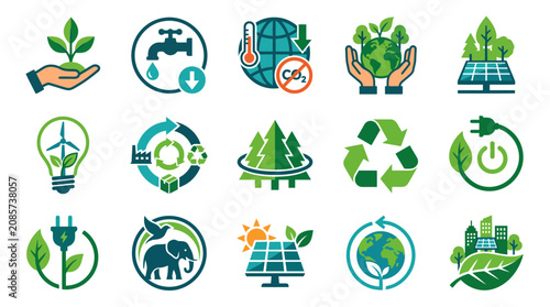 Set of environmental icons promoting ecology and sustainability concepts.