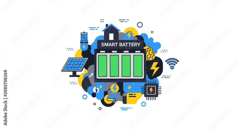Naklejka premium Smart Battery Storage System with Solar Panels and Home Energy Management Technology, Green Renewable Electricity Concept Vector Illustration