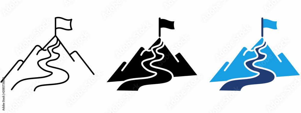 Fototapeta premium Mountain Peak Flag Icon Set. Containing Goal Achievement, Success Journey, Career Path, Leadership, and Mission Accomplished Icons.