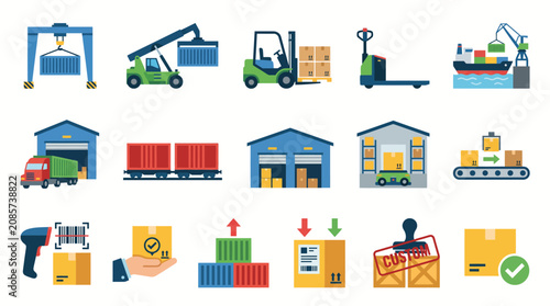 Set of logistics and warehouse operations icons for cargo delivery and distribution.