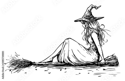 Foto Young witch wearing pointed hat sitting on broomstick in ink sketch style