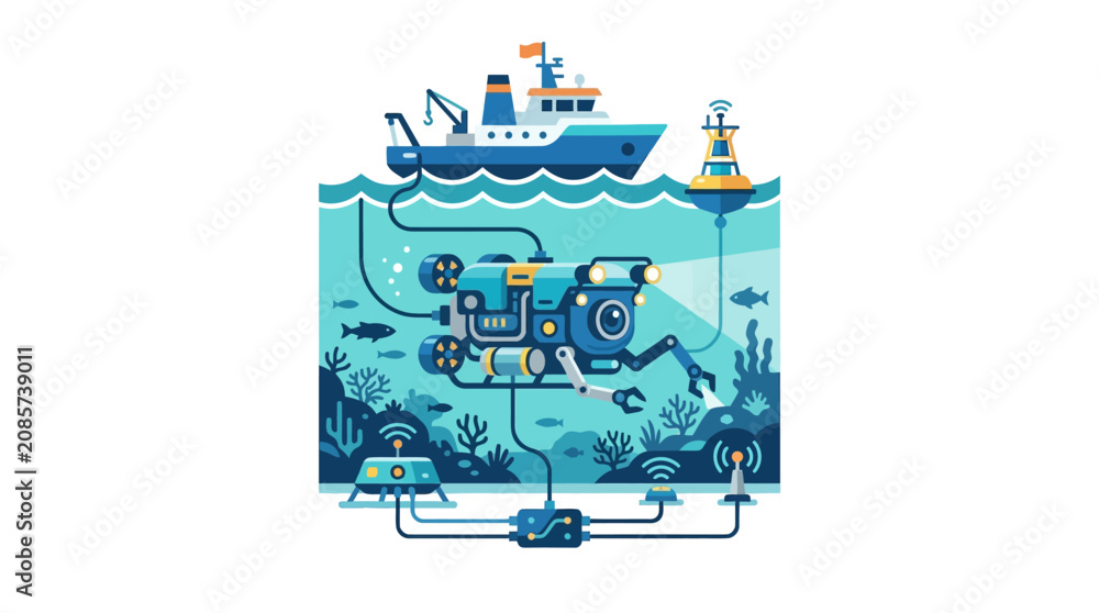 Fototapeta premium Ocean Technology: Underwater Robot Explores Marine Life and Seabed from Research Vessel