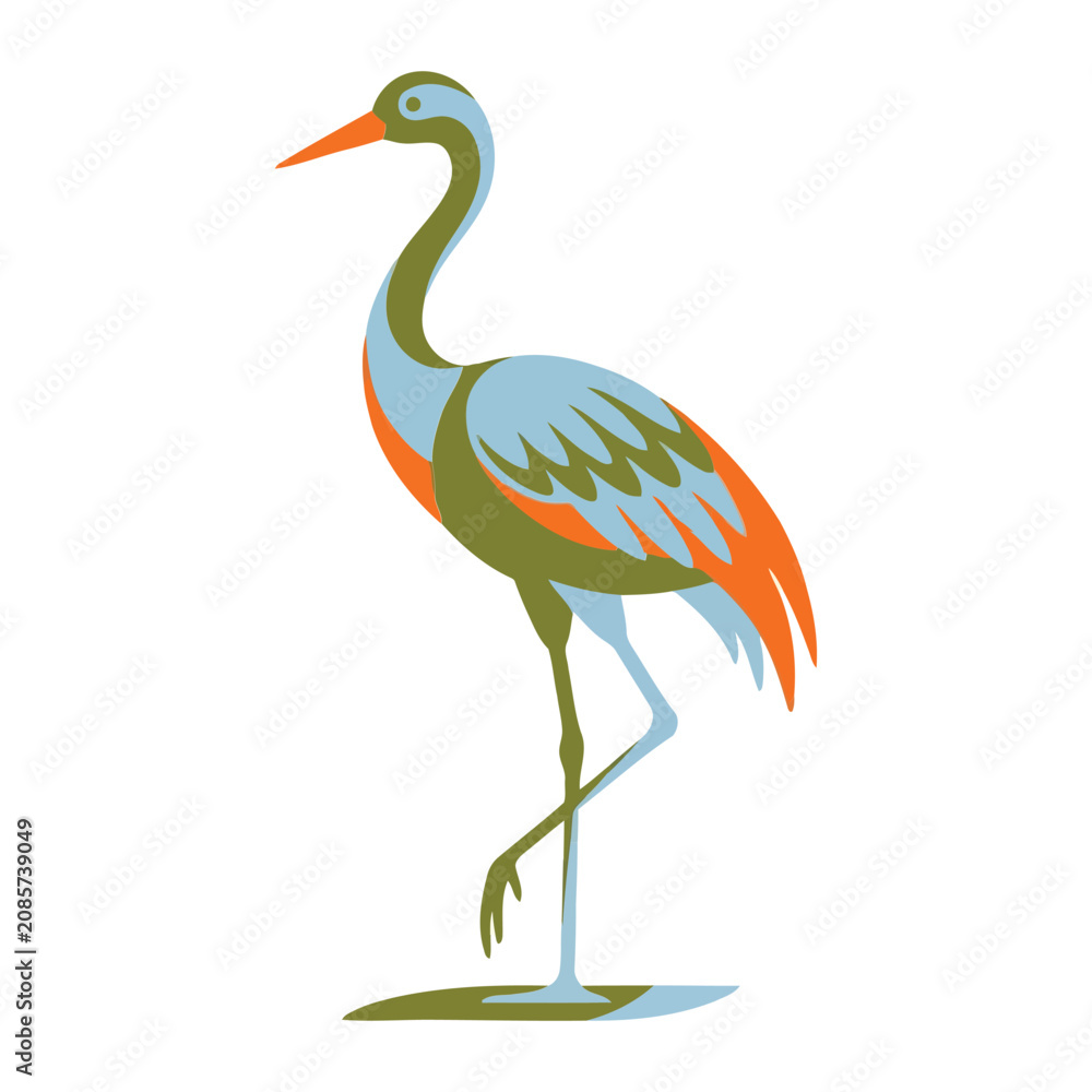 Fototapeta premium Stylized Illustration Of A Graceful Standing Crane Bird Featuring Vibrant Geometric Flat Shapes