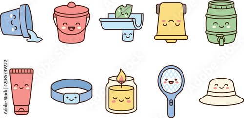 Fotografie Cute kawaii monsoon rain rain-water harvesting vector sticker set with bucket barrel zapper hat cream