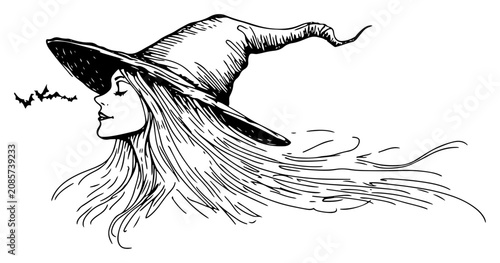Foto Witch profile with long hair and flying bats in hand drawn sketch style