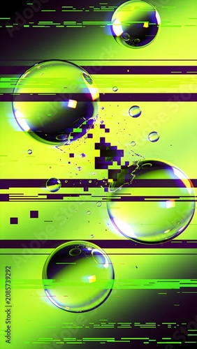 Abstract Y2K Glitch Art Background with Neon Lime Green and Dark Violet Digital Data Corruption Stripes