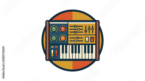 Retro synthesizer icon with knobs, buttons, and keys, vintage music production equipment