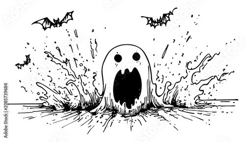 Photos Screaming ghost emerging from splash with flying bats in line art style