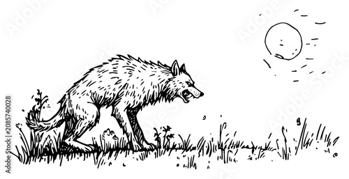 Tableau sur toile Wolf snarling in wild meadow under full moon in hand drawn ink style